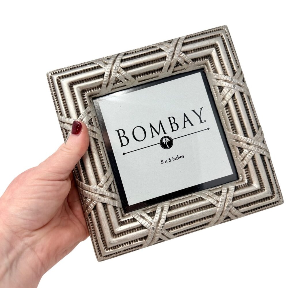 Vintage Bombay Silver Tone Photo Frame Textured Geometric Design 5x5 Tabletop